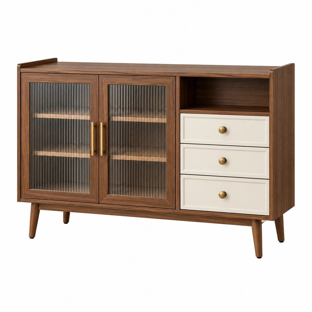 Aparador 120 x 40 x 90 cm de madera marrón y vidrio estriado con cajones estilo retro