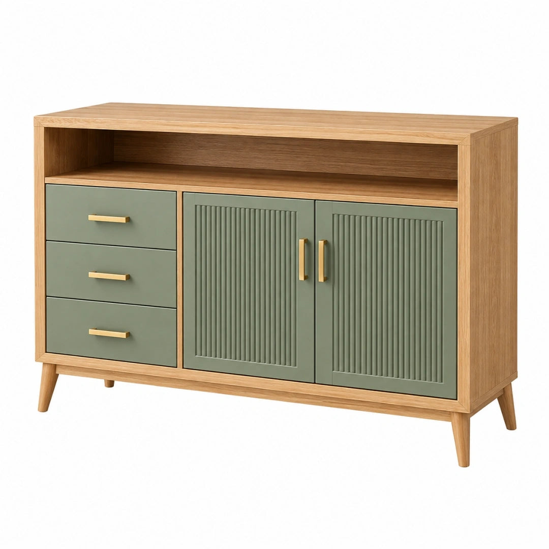 Aparador 120 cm de madera natural y verde con 3 cajones y 2 puertas estilo nórdico