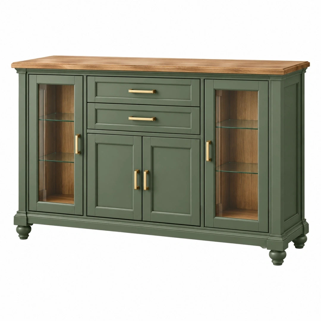 Aparador 160 x 45 x 95 cm de madera verde con vitrinas estilo clásico