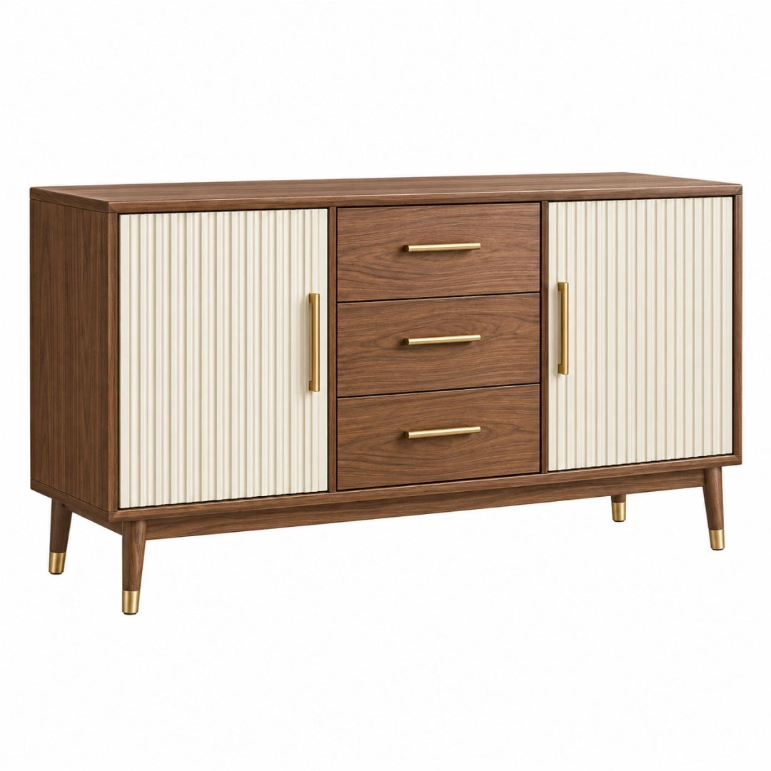 Aparador 160 x 45 x 85 cm de madera marrón y crema con 3 cajones y 2 puertas estilo moderno