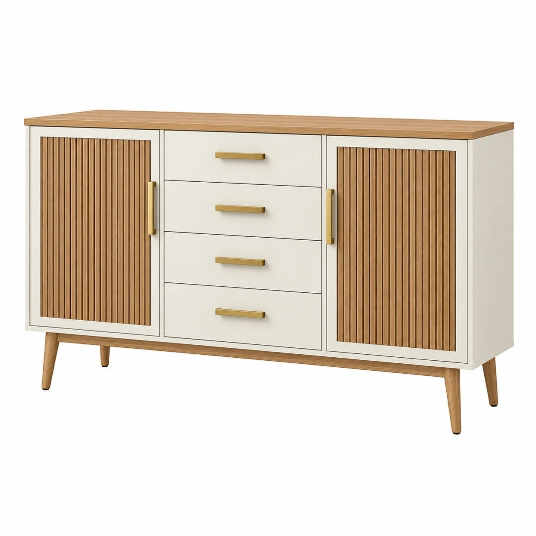 Aparador 160 x 40 x 85 cm de madera blanco y natural con 4 cajones y 2 puertas estilo moderno
