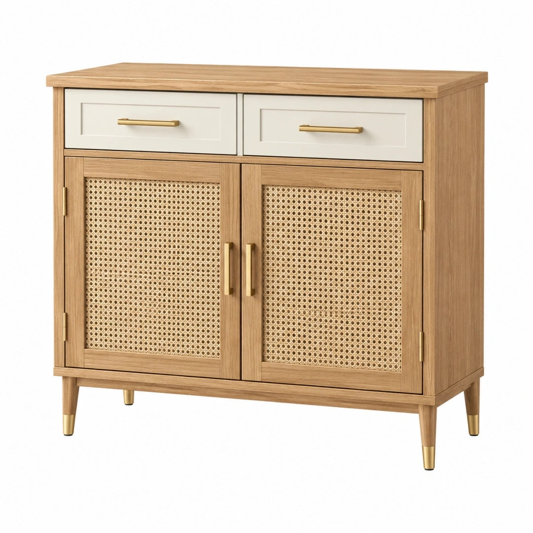 Aparador 100 x 40 x 95 cm de madera marrón y blanco con rejilla de ratán - almacenaje de estilo natural
