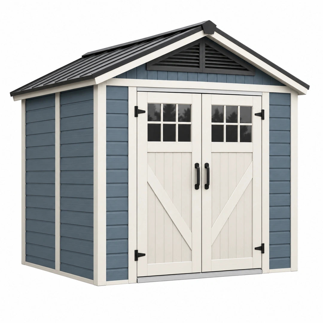 Caseta de jardín 214 x 134 x 203 cm de plástico azul grisáceo y blanco con doble puerta estilo rústico