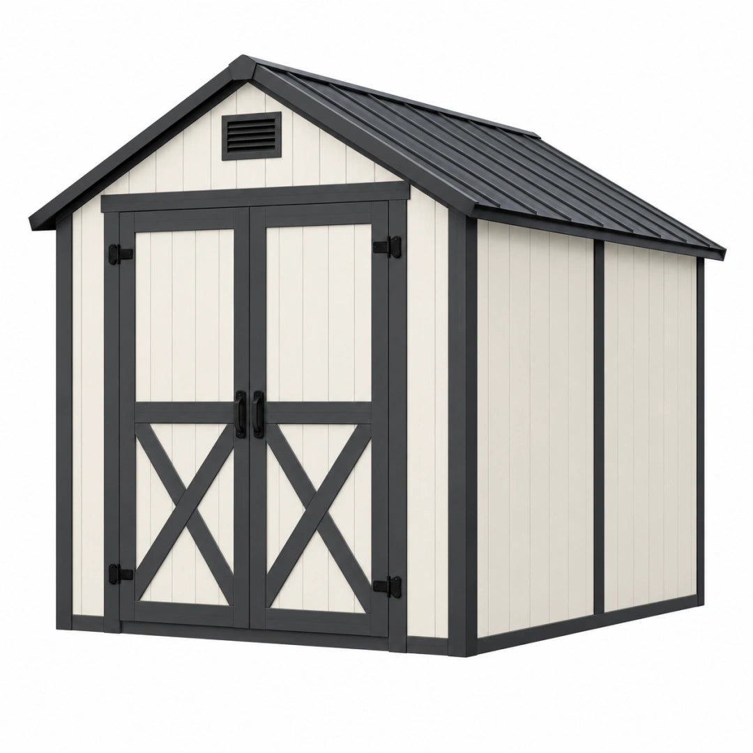 Caseta de jardín 180 x 120 x 200 cm de plástico blanco y negro con doble puerta estilo granero