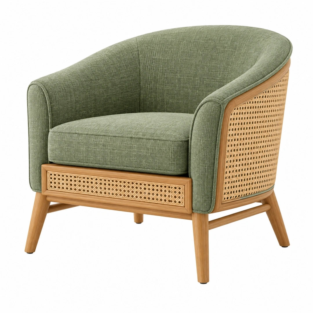 Sillón 80 x 78 x 80 cm de tela verde y madera con ratán - estilo natural