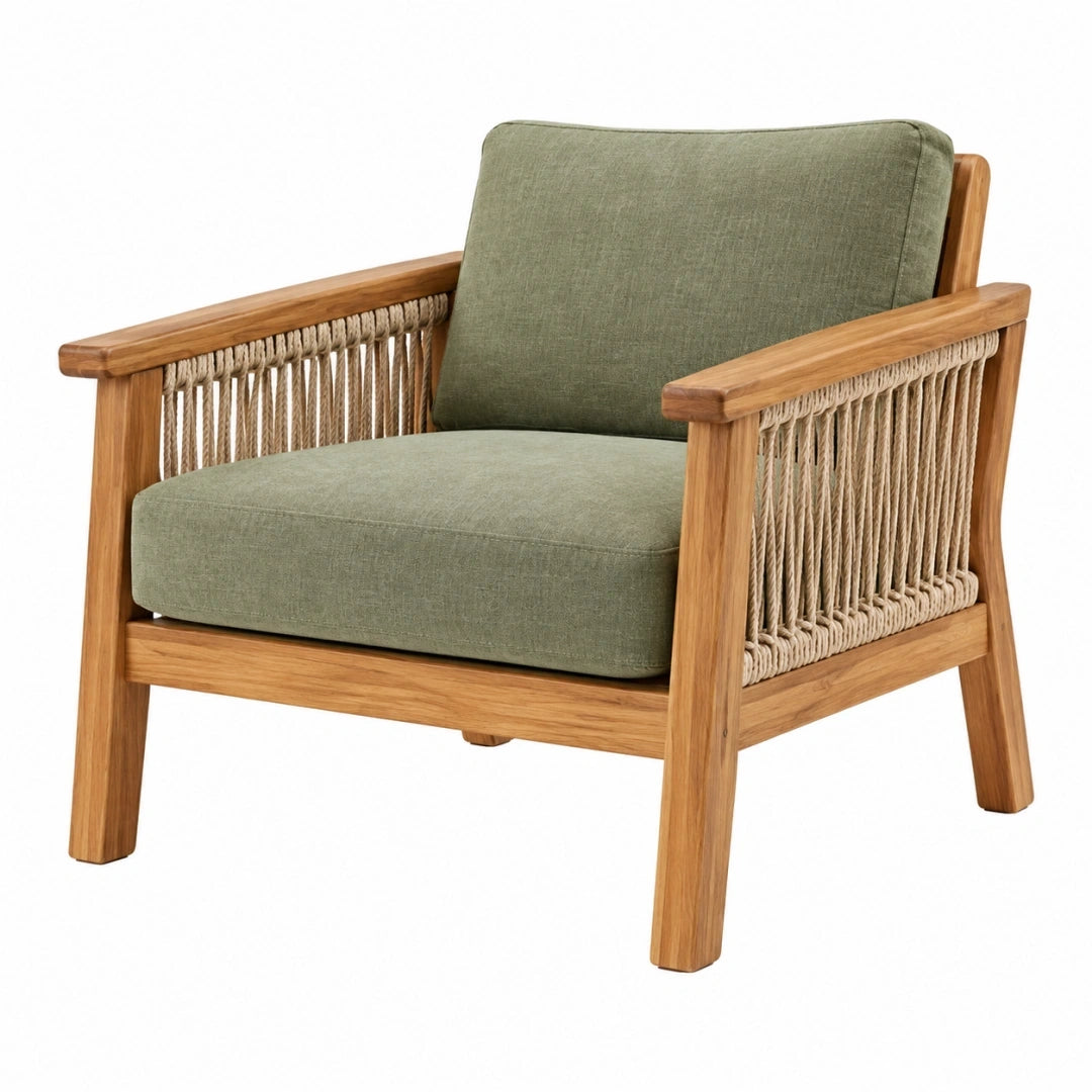 Sillón 76 x 82 x 82 cm de madera con cuerda trenzada verde estilo natural