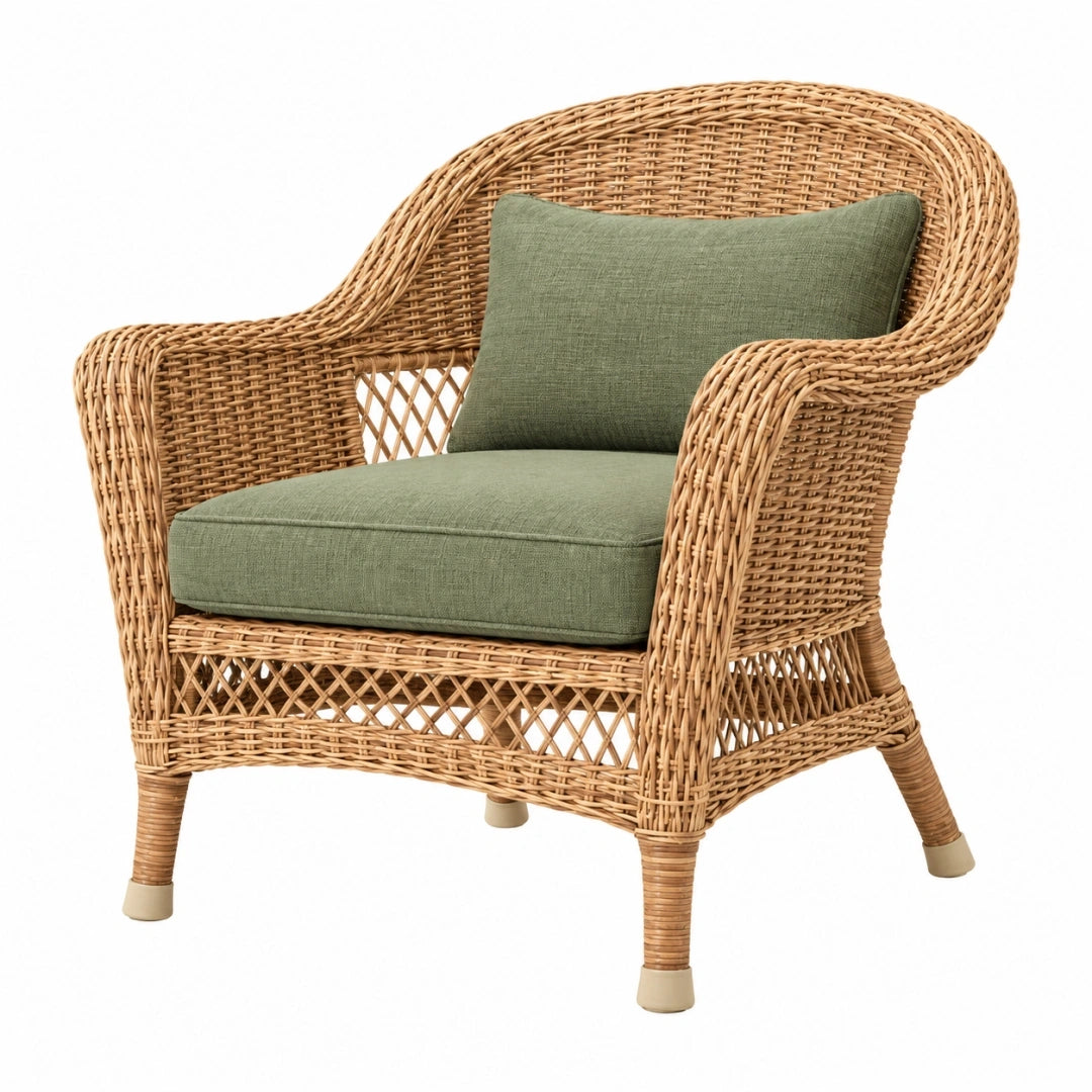 Sillón 80 x 75 x 95 cm de ratán trenzado marrón con asiento verde para interior estilo natural