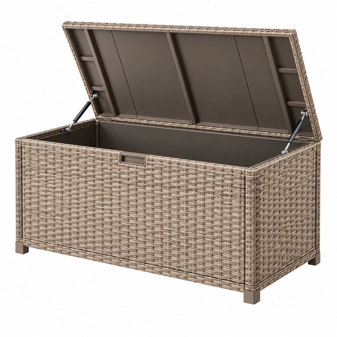 Arcón de almacenamiento 120 x 60 x 60 cm de ratán sintético beige para exterior con tapa elevable