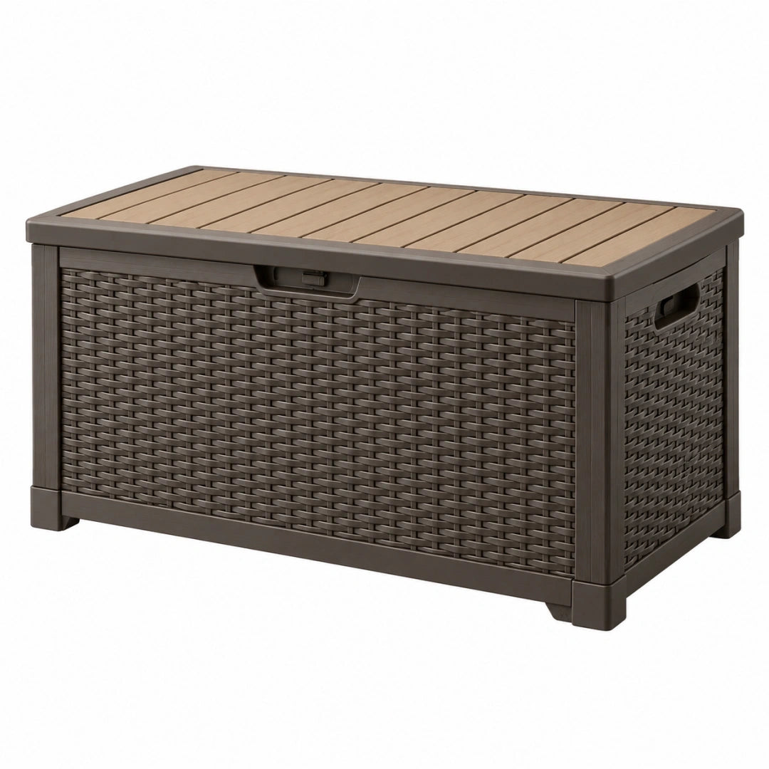 Arcón de almacenamiento exterior 120 x 56 x 63 cm de plástico marrón - mesa auxiliar con tapa