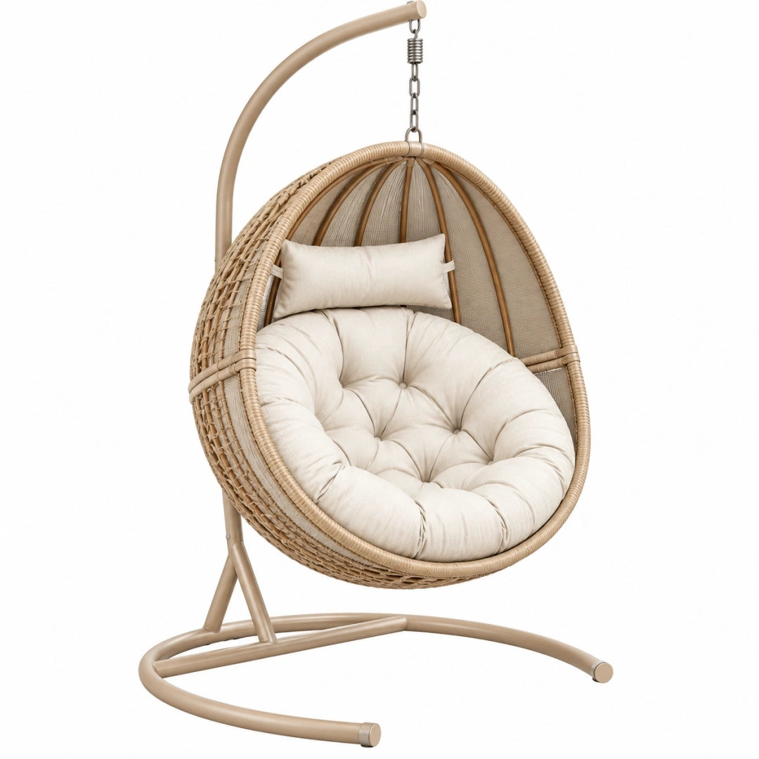 Silla colgante 105 x 105 x 195 cm de ratán sintético beige con estructura de metal para interior