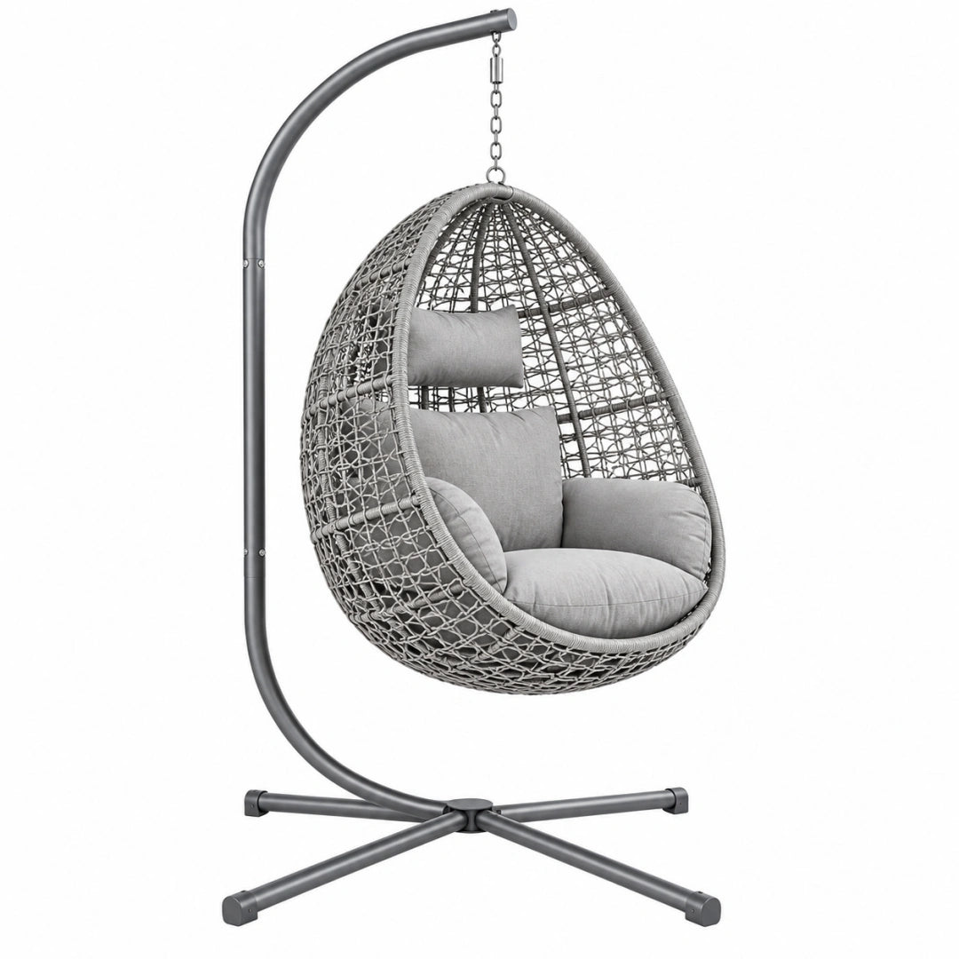 Sillón colgante 105 x 105 x 195 cm de metal y ratán sintético gris para interior y exterior cubierto