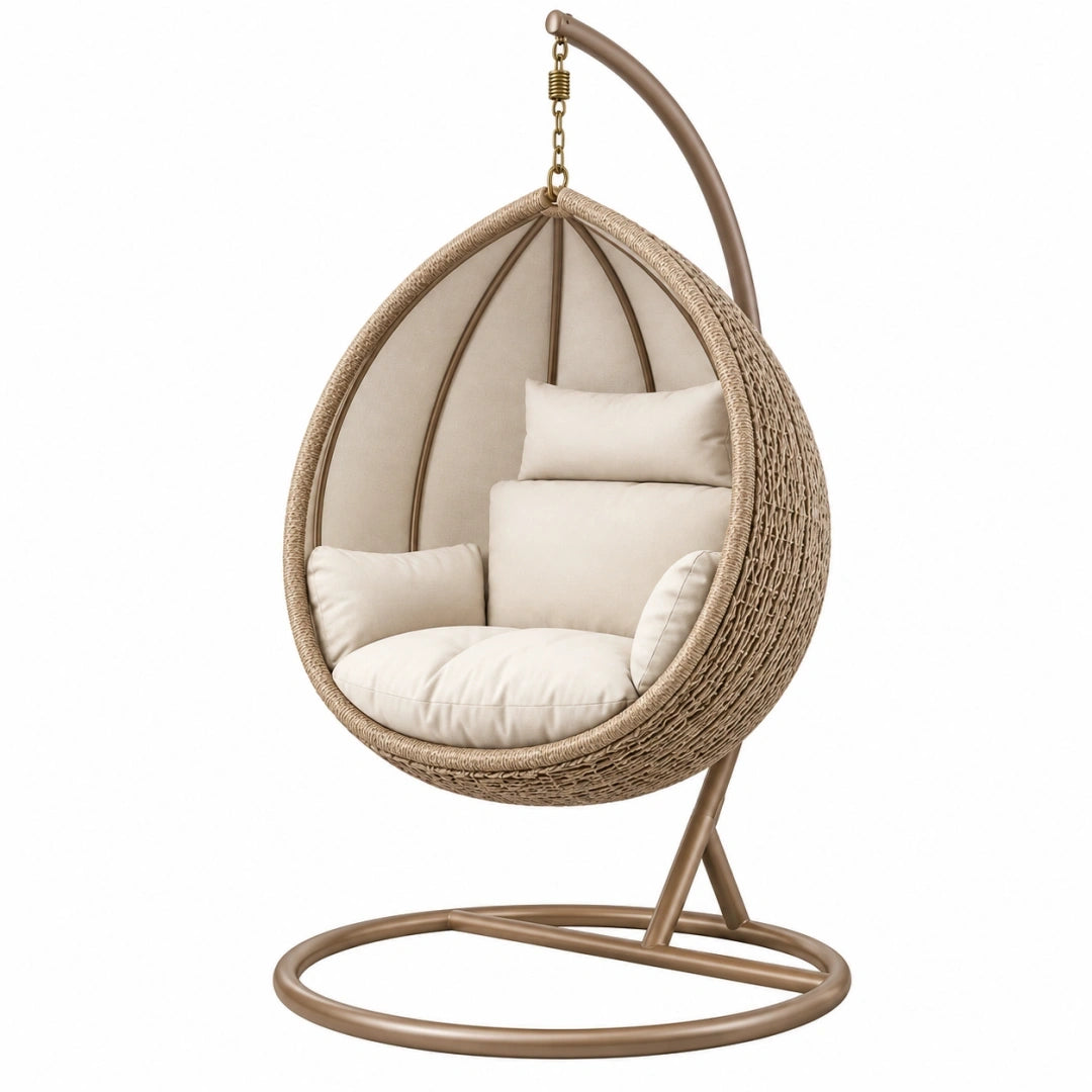 Sillón colgante 110 x 110 x 195 cm de metal y fibra trenzada beige para interior estilo bohemio