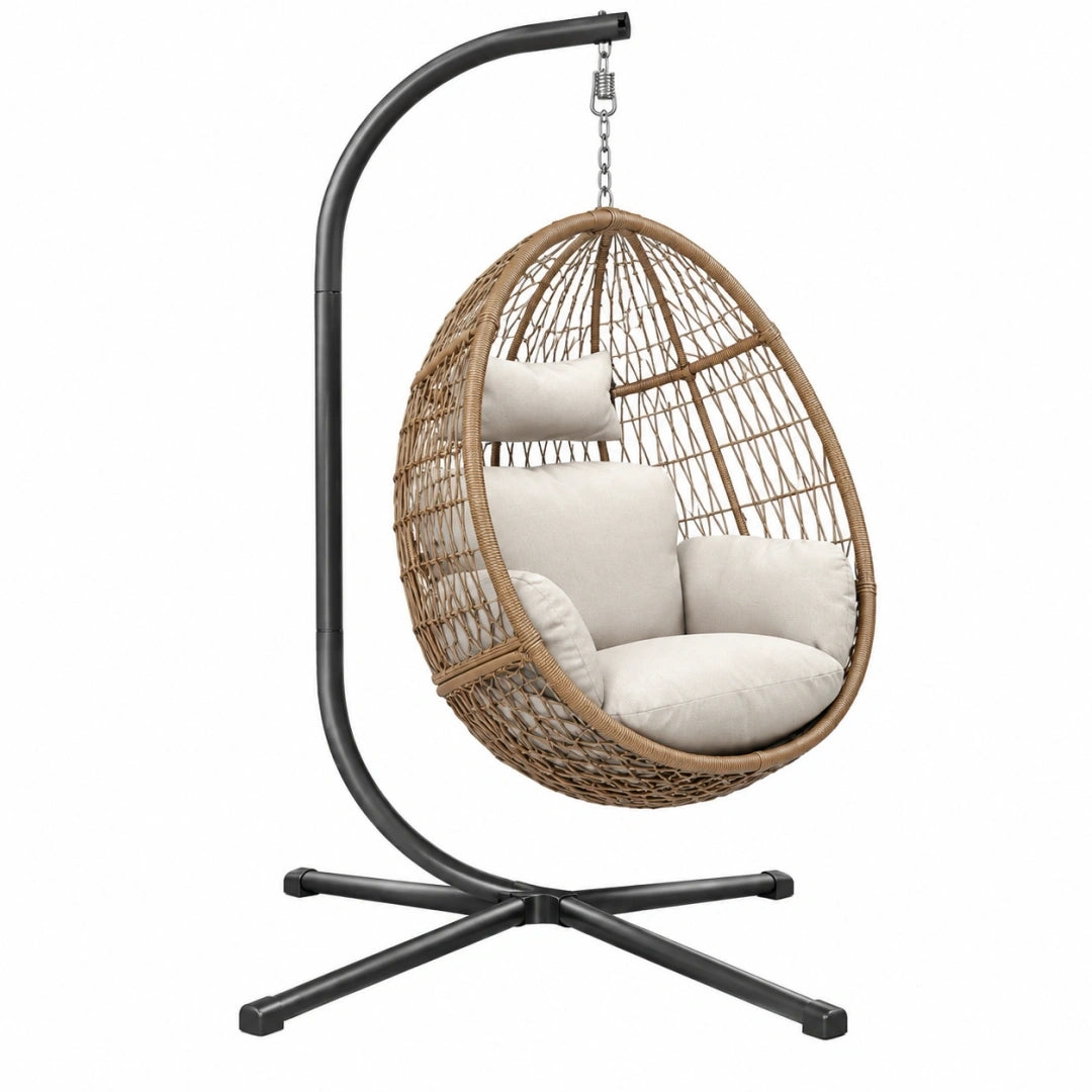 Sillón colgante 105 x 105 x 195 cm de acero y trenzado marrón con asiento beige estilo natural