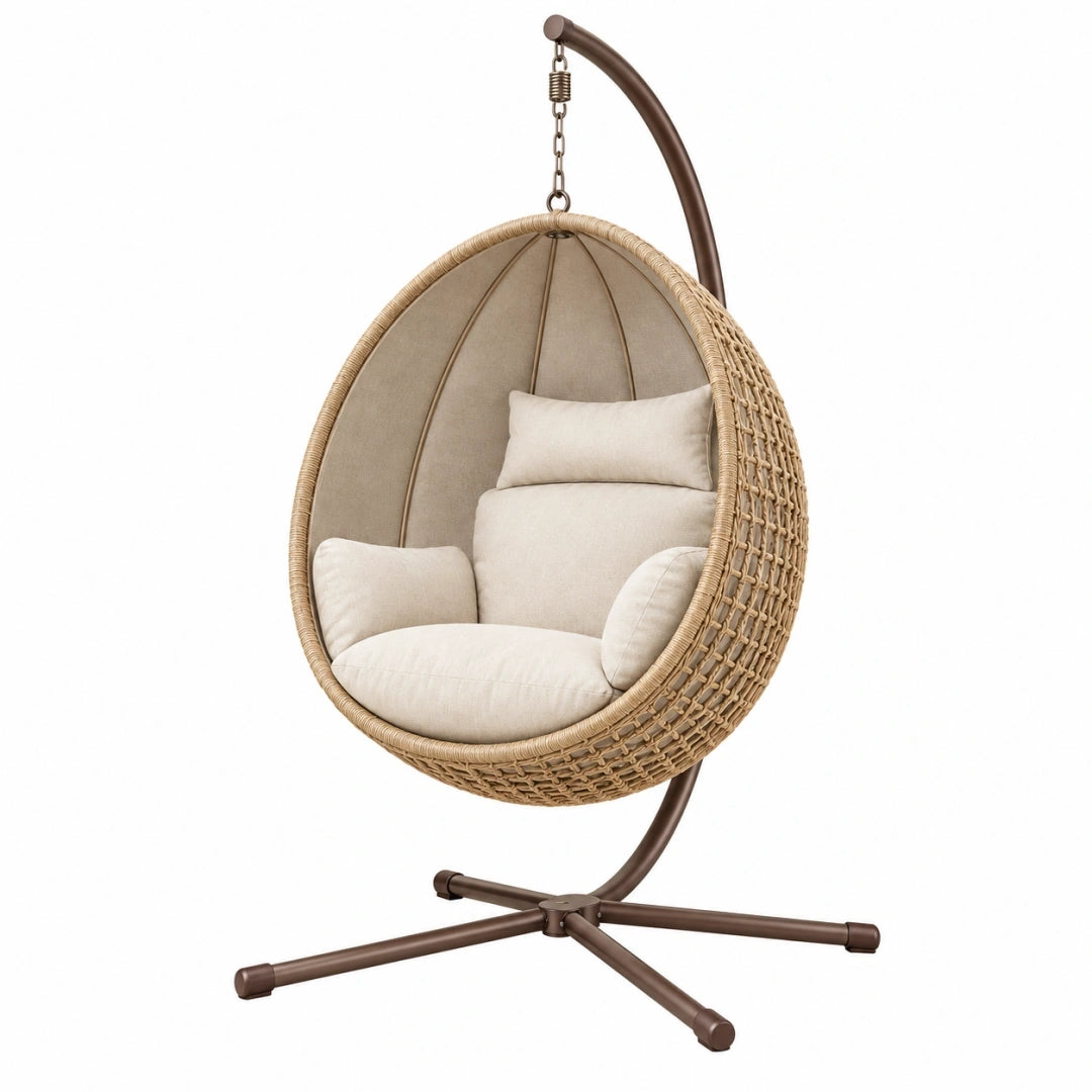 Sillón colgante de 105 x 105 x 195 cm en ratán beige y acero marrón - estilo bohemio para terraza