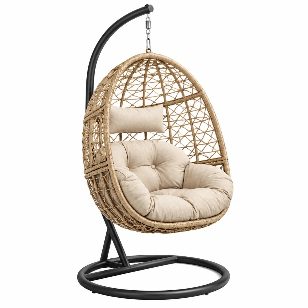 Sillón colgante 105 x 105 x 195 cm de fibra trenzada beige y metal negro para interior