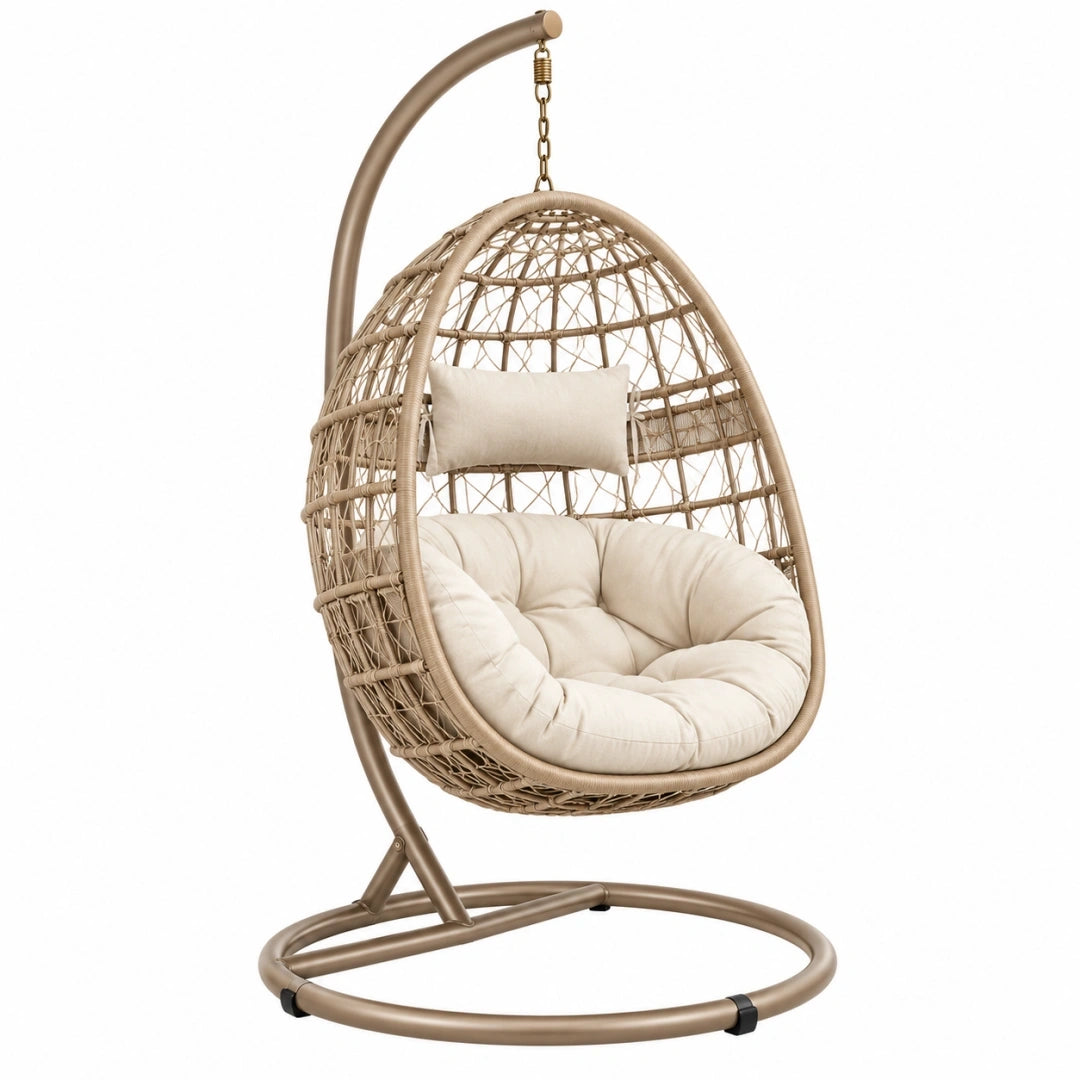 Sillón colgante 105 x 105 x 195 cm de ratán sintético beige con estructura metálica para interior