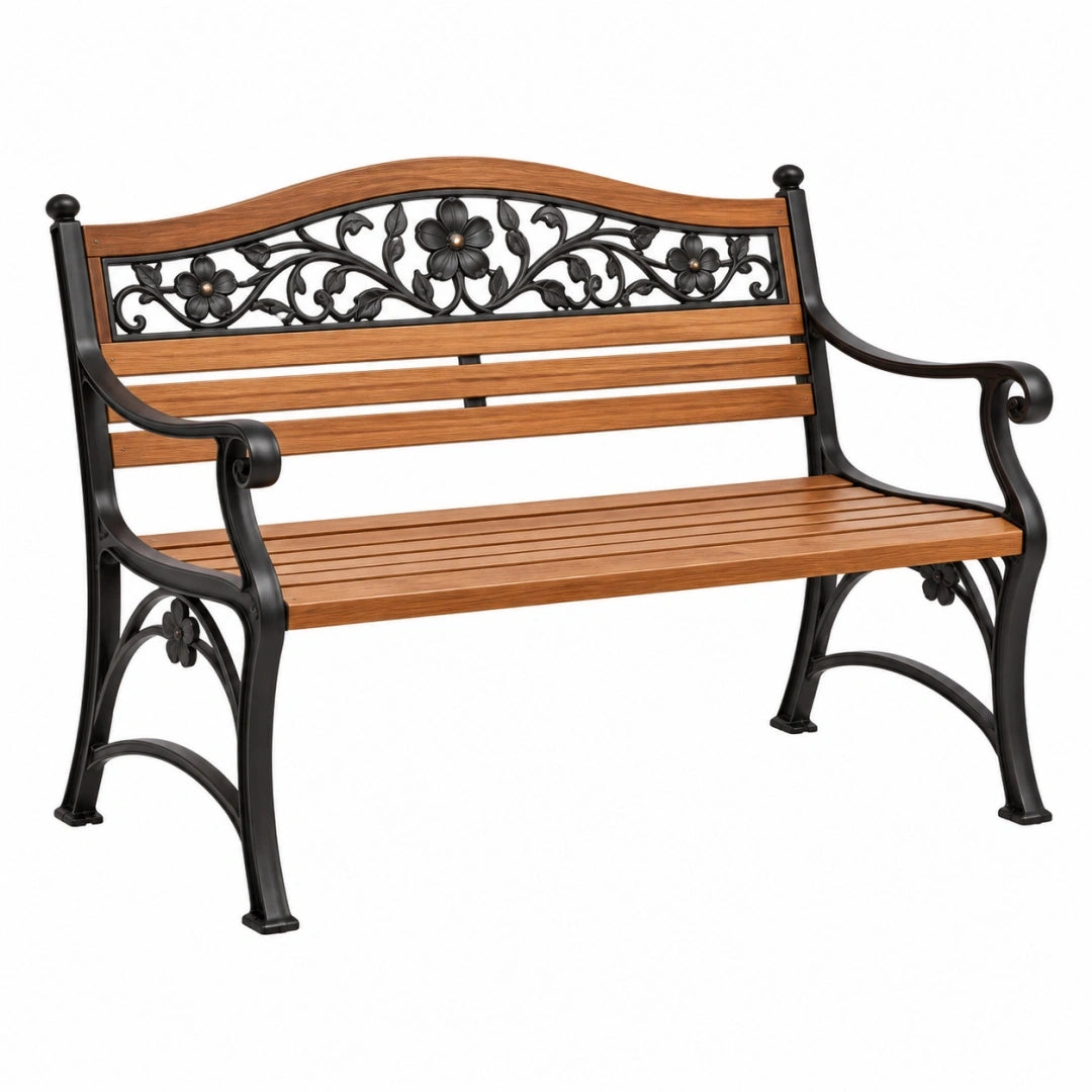 Banco de jardín 122 x 61 x 88 cm de madera y metal marrón negro estilo clásico
