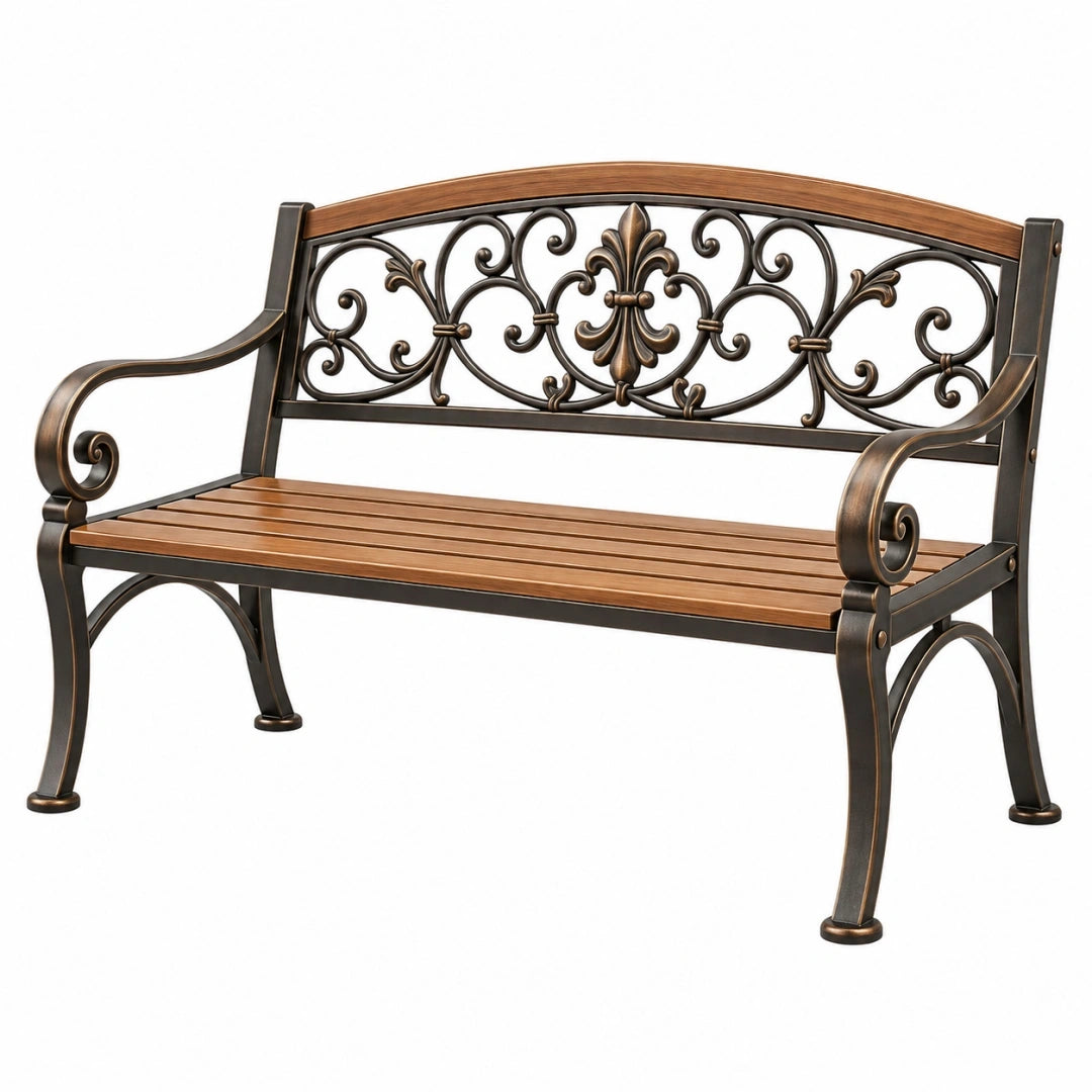 Banco de jardín 120 cm de metal y madera marrón estilo clásico