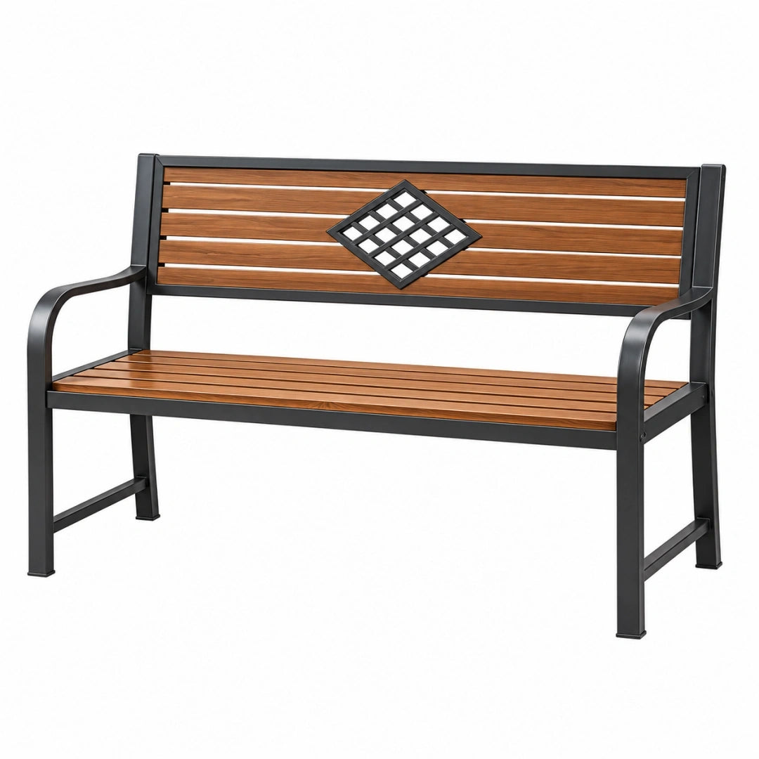 Banco de jardín 122 x 60 x 85 cm de metal y madera marrón negro con respaldo