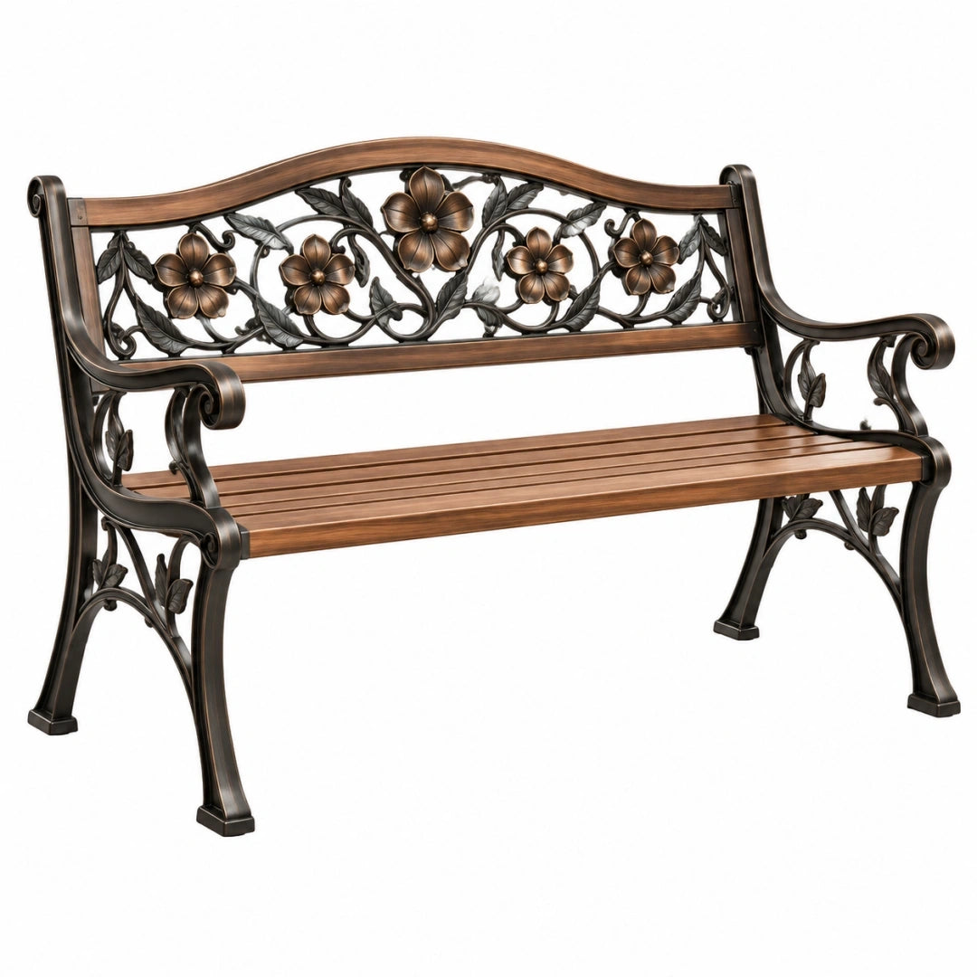 Banco de jardín 122 x 60 x 90 cm de metal bronce y negro con respaldo floral clásico